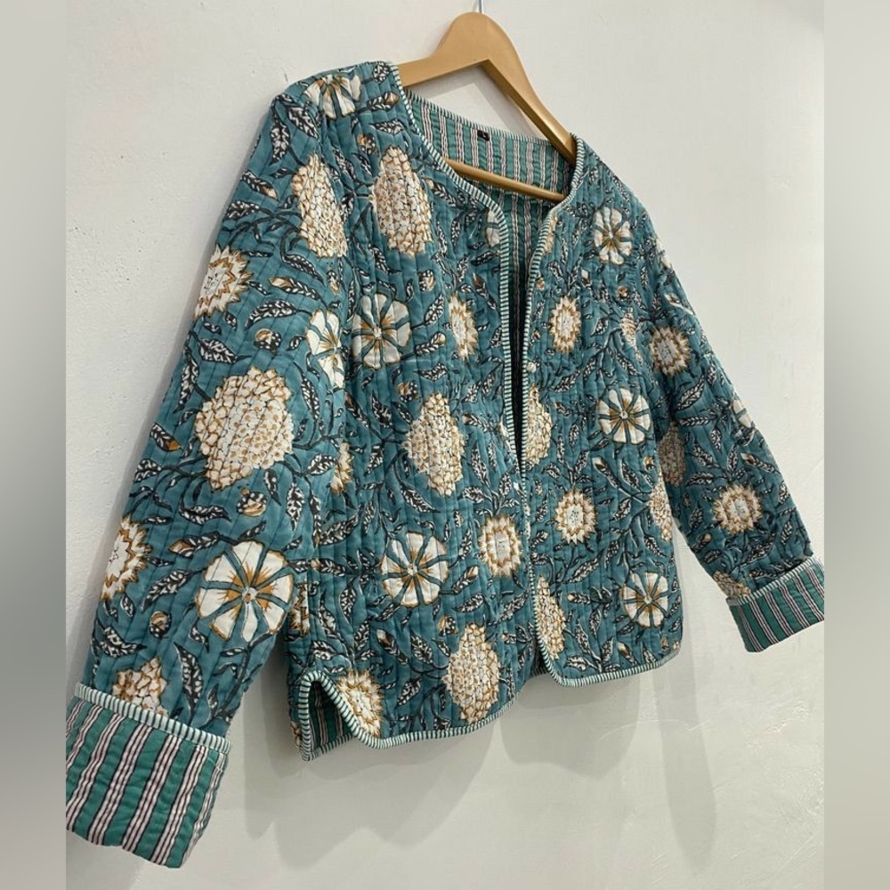 Block print quilted jacket, reversible